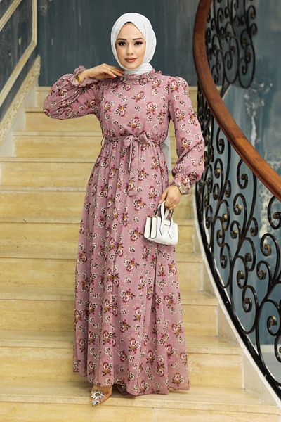 Neva Style Floral Patterned Powder Hijab Dress 29713Pd
