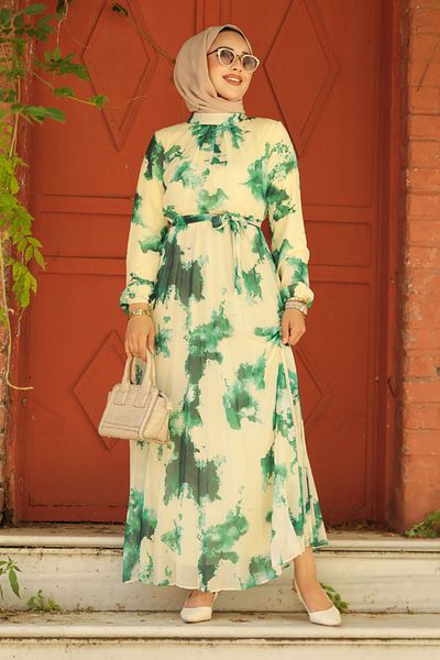 Neva Style Φόρεμα Hijab με πράσινο σχέδιο - 34461Y
