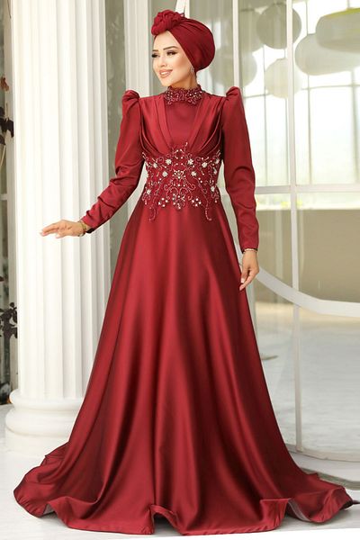 Neva Style Rochie de seara musulmana din satin burgundy brodata cu margele 22640br