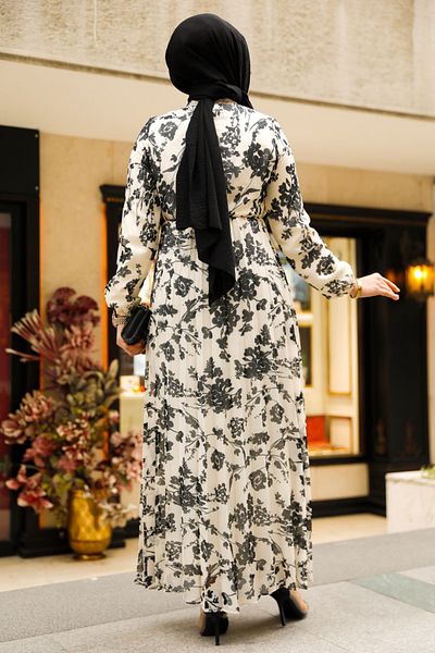 Neva Style Rochie Hijab Ecru cu Motiv Floral 50352E