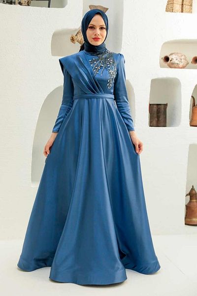 Neva Style Βραδινό φόρεμα με χάντρες Indigo Blue Hijab 22441ım