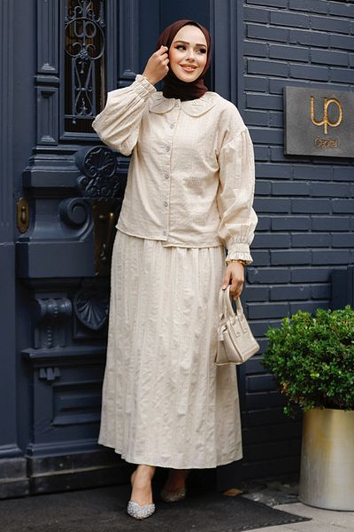 Neva Style طقم طية صدر السترة للأطفال مع تنورة حجاب باللون البيج - 30004BEIGE