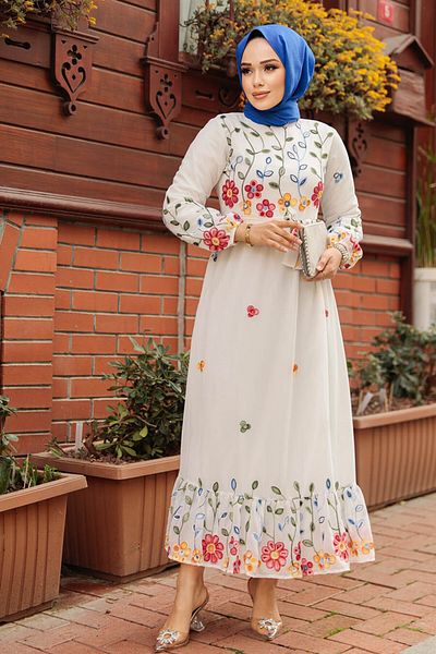 Neva Style Rochie Hijab albă cu imprimeu floral 23232B