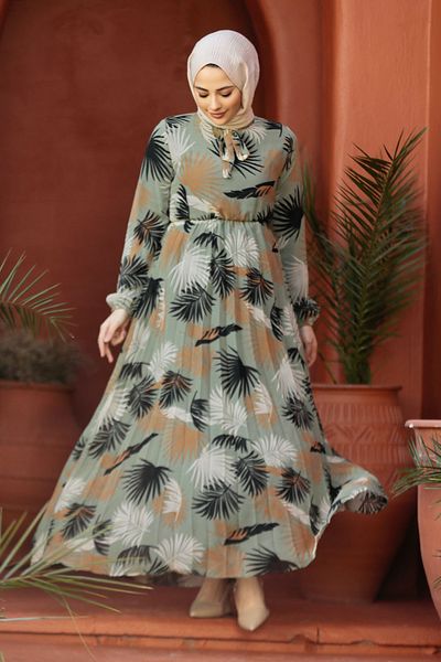 Neva Style Rochie islamică verde cu model de frunze 50353CY