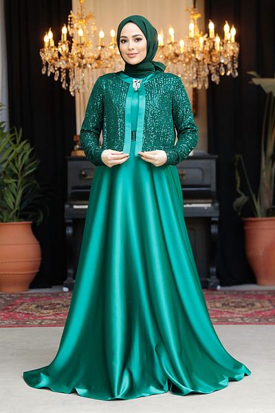 Neva Style Jacket Detailed Green Hijab Satin Evening Dress 25881Y