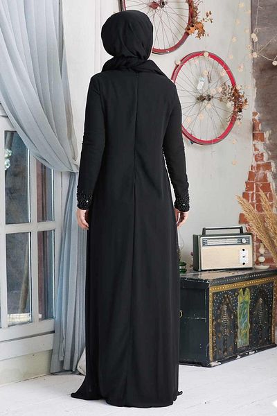 Neva Style Rochie de seara cu hijab neagra din dantela 20803s