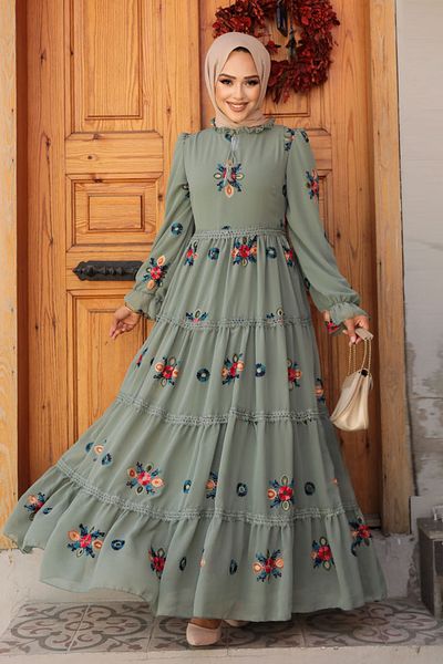 Neva Style Green Embroidery Patterned Hijab Dress - 45541CY