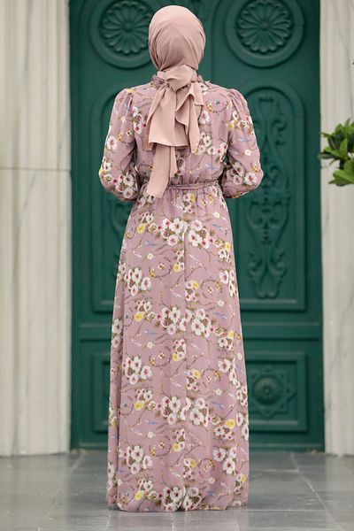 Neva Style Floral Patterned Powder Hijab Dress 29711Pd