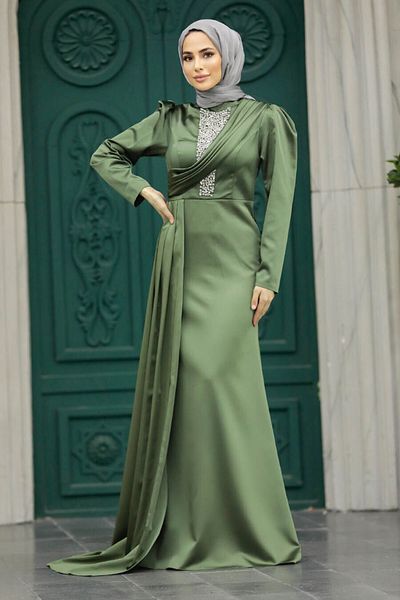 Neva Style Tailed Green Satin Hijab Evening Dress 22891Cy