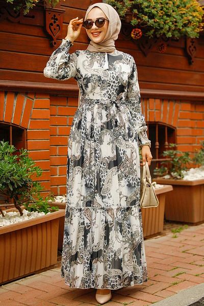 Neva Style Patterned Black Hijab Dress 33562S