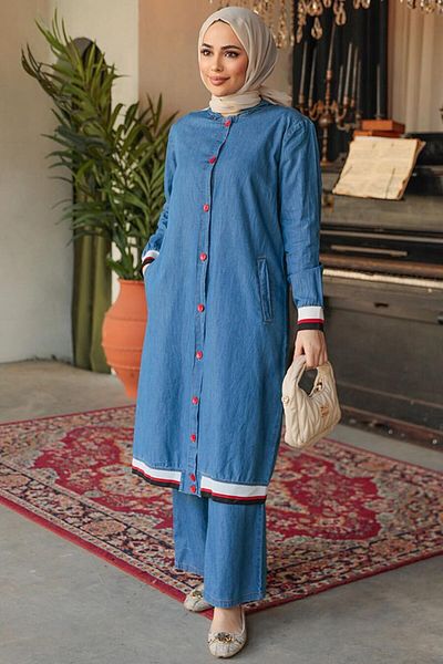 Neva Style Buttoned Dark Blue Hijab Jeans Double Suit 19016KM
