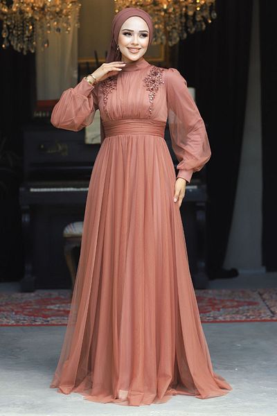 Neva Style Rochie de seara Hijab cu faianta cu detalii florale 22070krmt