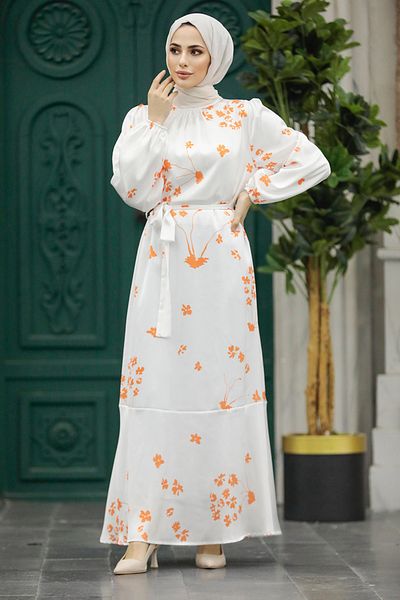 Neva Style Φόρεμα Hijab με λουλουδάτο σχέδιο πορτοκαλί 5901t