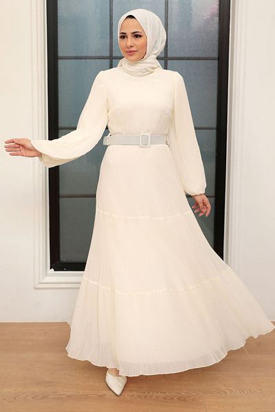 Neva Style Belted Ecru Hijab Dress 3590E