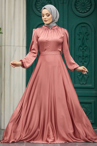 Neva Style Rochie de seară din satin hijab somon cu mâneci balon 25131smn