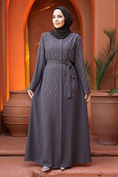 Neva Style Brown Hijab Ferace - Bead Embroidered, Model 29102KH
