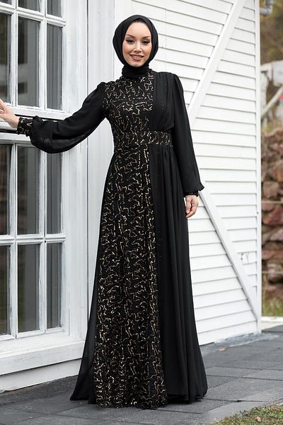 Neva Style Rochie de seara Hijab - Rochie de seara Hijab auriu cu paiete 5408gold