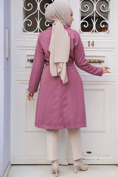 Neva Style Dried Rose Belted Hijab Trench Coat - 61221Gk