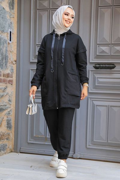 Neva Style Set dublu Hijab cu glugă neagră - 20072S