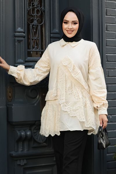 Neva Style Tunica Hijab Bej cu Guipură 14221bej