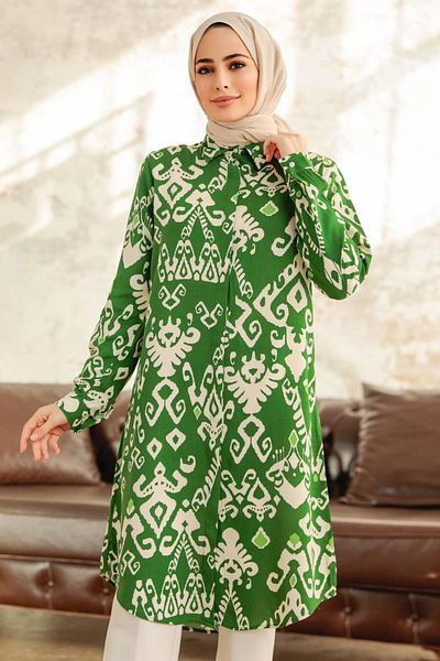 Neva Style تونيك فيسكوز حجاب أخضر منقوش 11627y