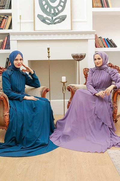 Neva Style Rochie de seara Hijab - Rochie de seara Hijab albastru petrol cu margele 25807pm