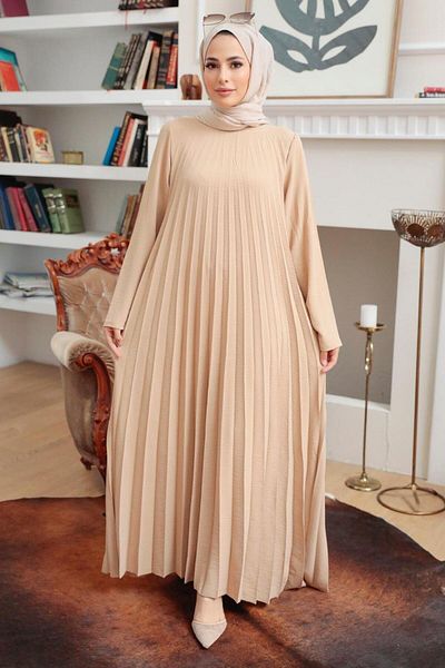 Neva Style - Rochie Hijab Bej Plis 76840bej