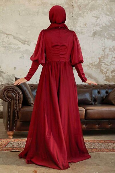 Neva Style Βραδινό φόρεμα με χάντρες με μπορντό σατέν 25822BR