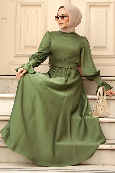 Neva Style Χακί Χιτζάμπ Σατέν Βραδινό Φόρεμα 5983hk