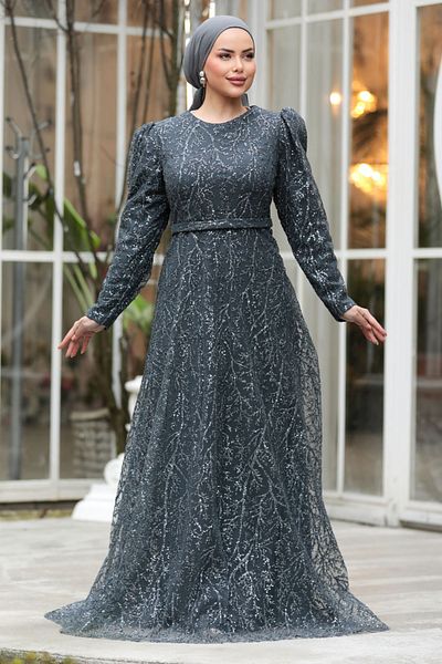 Neva Style Beaded Anthracite Hijab Evening Dress 23091Ant