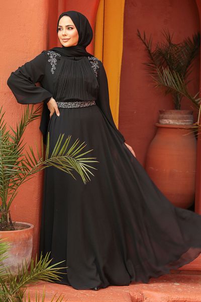 Neva Style Drape Detailed Black Hijab Evening Dress 25879S