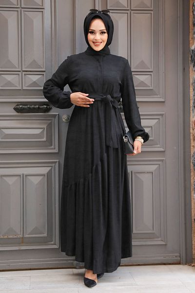 Neva Style Μαύρο Φόρεμα Hijab - Με Ζώνη, Μοντέλο No: 60931S
