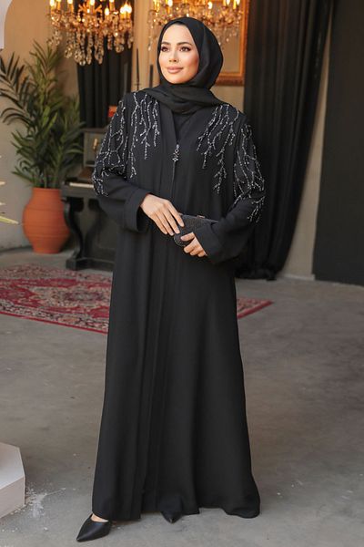 Neva Style Abaya hijab neagră brodata cu margele 29110s