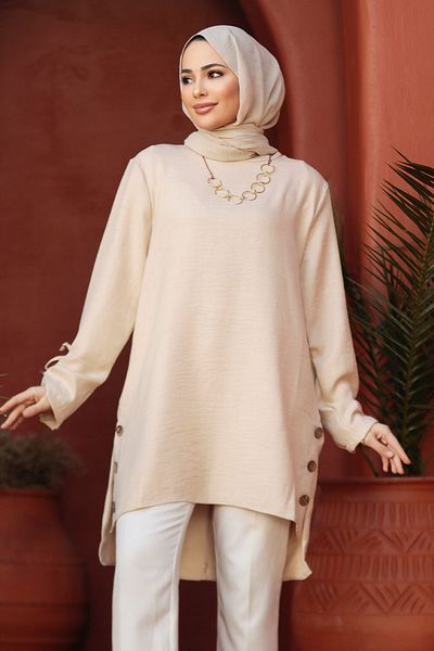 Neva Style Tunica Hijab Bej Detaliata Nasturi 41281BEJ