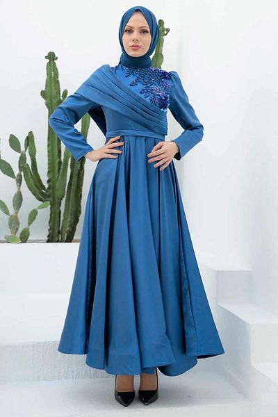 Neva Style Βραδινό φόρεμα Satin Indigo Blue Hijab 22183ım