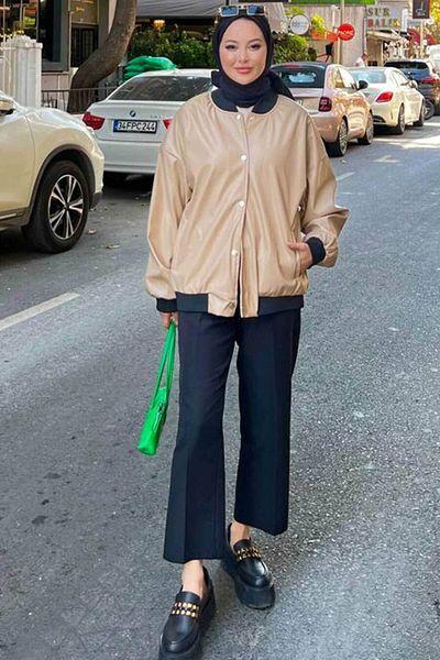 Neva Style - Jachetă din piele hijab bej cu nasturi 9264bej