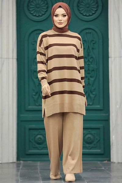 Neva Style Set de tricotaj Hijab Biscuit în dungi 3439bs