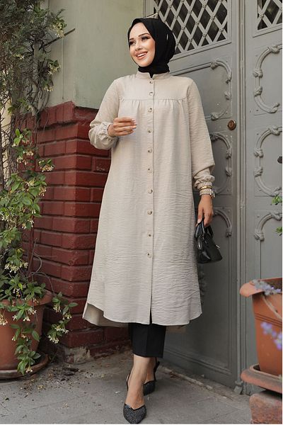 Neva Style تونيك حجاب بأزرار بيج - 5642BEIGE