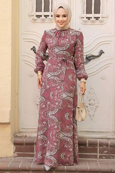 Neva Style Floral Patterned Dusty Rose Hijab Dress 279081 Gk
