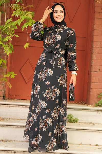 Neva Style - Rochie Hijab Neagră cu Motiv Floral 279082 s