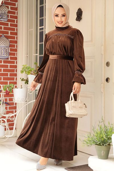 Neva Style Καμεντρέντ Καφέ Βελούδινο Φόρεμα 37291kh