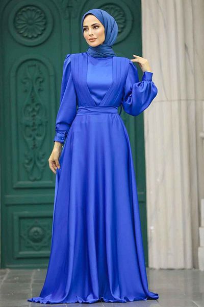 Neva Style Drape Detailed Sax Blue Hijab Satin Evening Dress 40621Sx