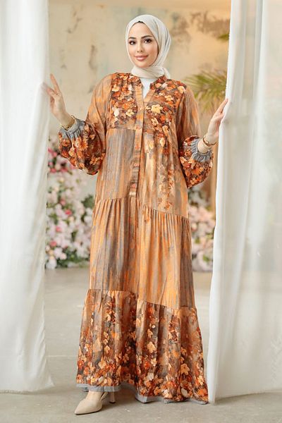 Neva Style Φόρεμα Hijab με λουλουδάτο σχέδιο πορτοκαλί 18235T