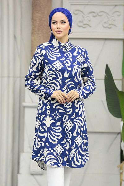 Neva Style - Μοτίβο Navy Blue Hijab Viscose Tunic 11662l