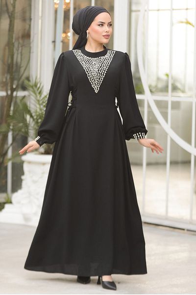 Neva Style Pearl Embroidered Black Hijab Evening Dress 10641S