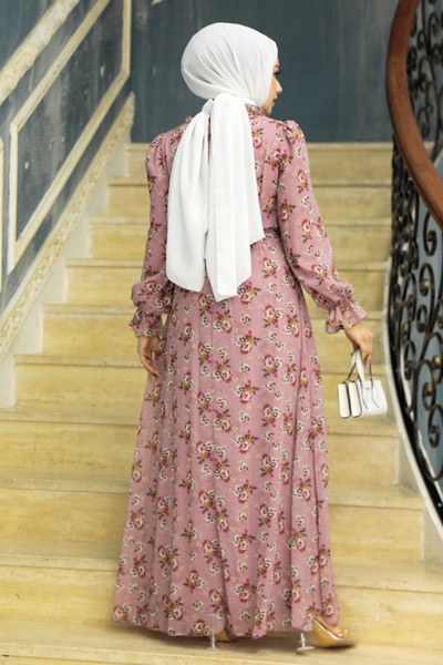 Neva Style Çiçek Desenli Pudra Tesettür Elbise 29713pd