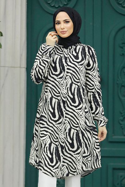 Neva Style تونيك فيسكوز أسود منقوش 11633s