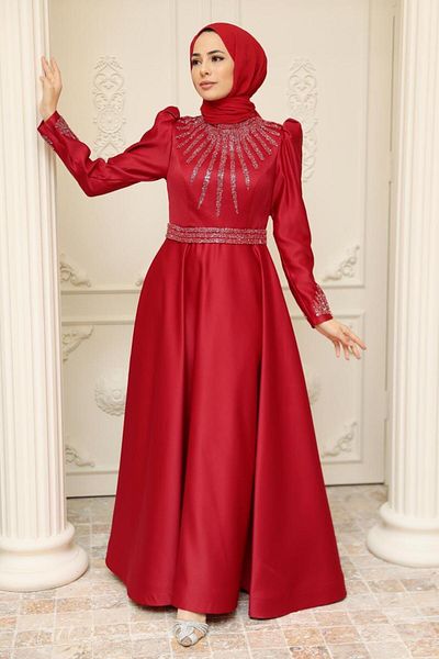 Neva Style Rochie de seara musulmana din satin burgundy brodata cu margele 22840br