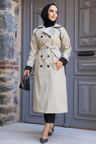 Neva Style Κουμπωτό Ανοιχτό Χακί Hijab Trench Coat 5371ahk