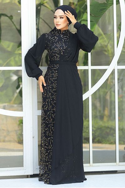Neva Style Rochie de seara Hijab - Sifon Detaliat Paiete Aur Rochie de seara Hijab 5516gold